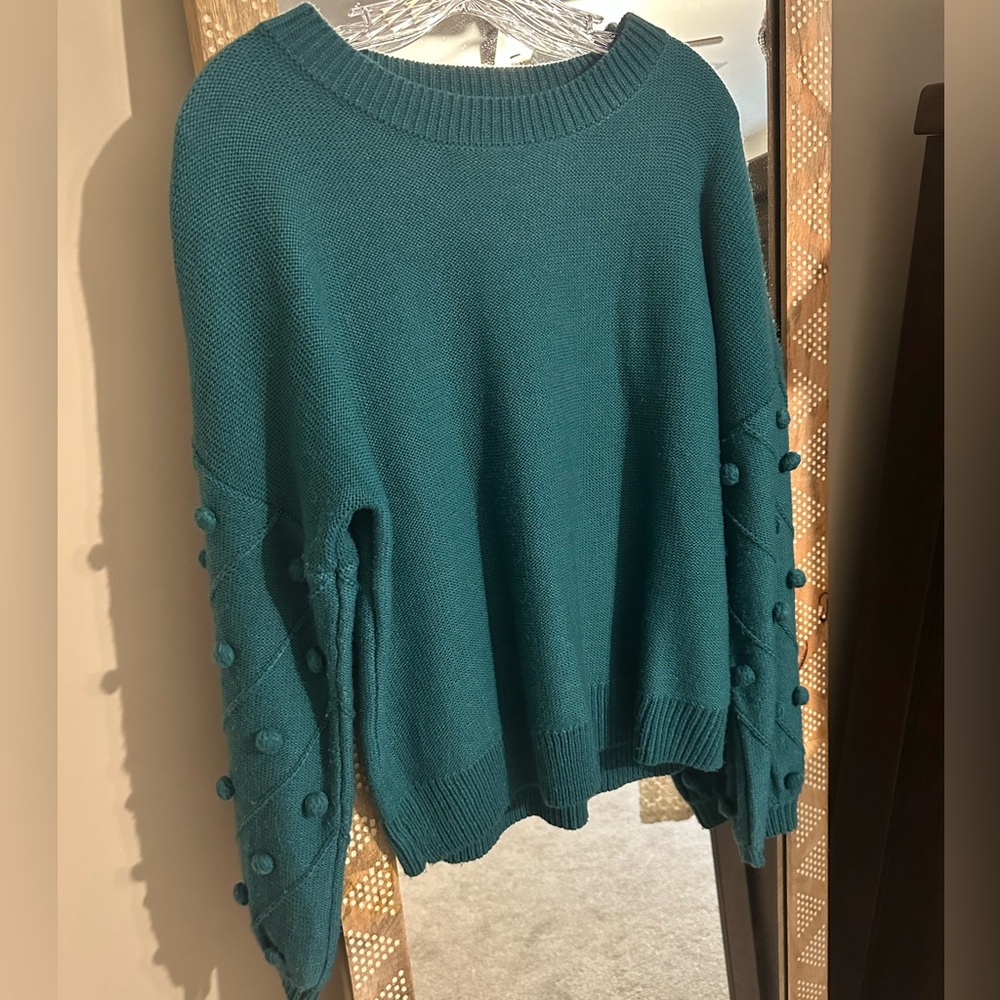 Lucy Avenue teal pom sweater